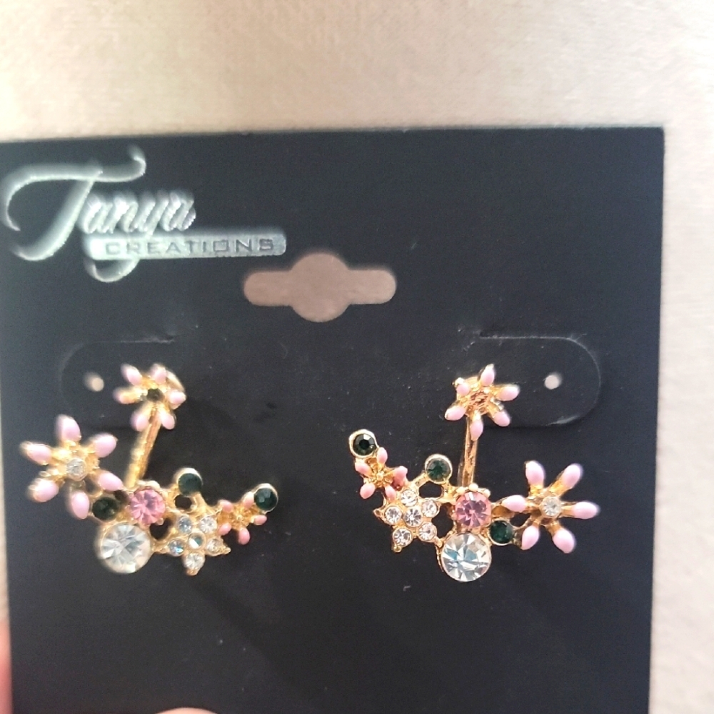 Cottagecore Style Pink and Gold Tone Floral Earrings By Tanya Creations